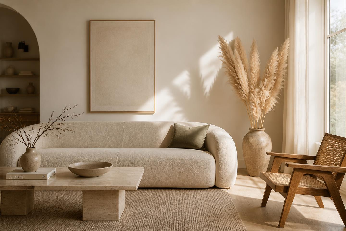 A serene NIOLLO living room with warm neutral tones and natural light